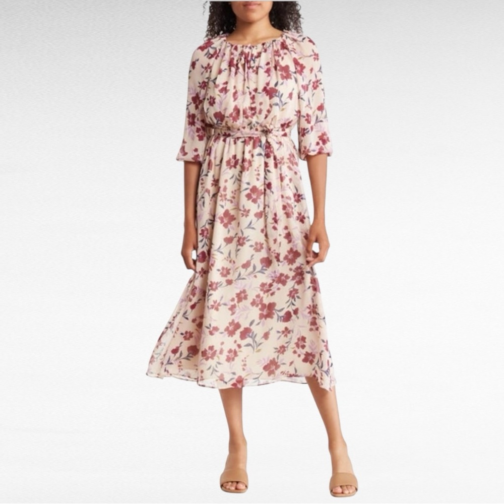 Maggy London | Cream Deep Berry Floral Print Raglan Sleeve Romantic Midi Dress